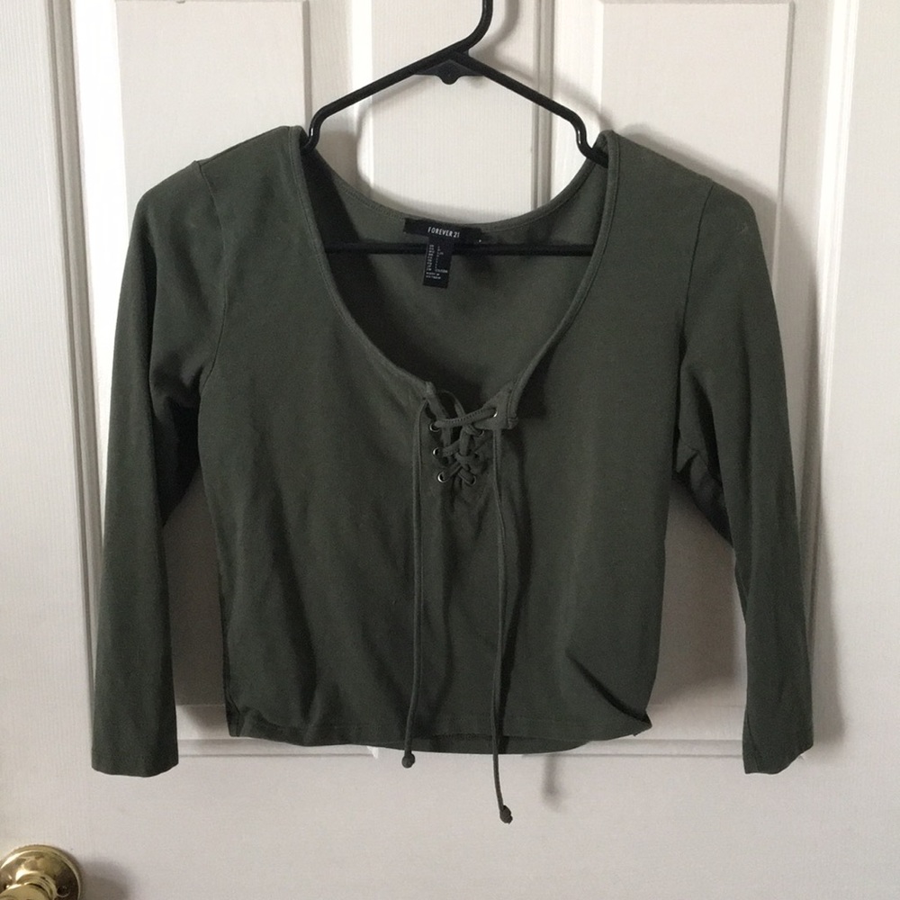 Olive Green Front Tie Long Sleeve Crop Top